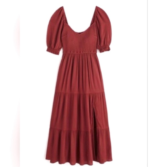 Abercrombie & Fitch‎ Burgundy Wine Smocked Tiered Midi Dress Size Medium Petite - Picture 1 of 8